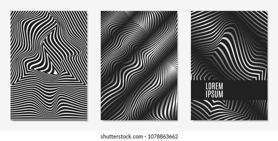 Set of Abstract Geometric Backgrounds. Cover Design Templates Set with 3d Effect. Monochrome Abstract Backgrounds with Distortion of Geometric Shapes. Trendy Covers with Text and Gradient for Magazine