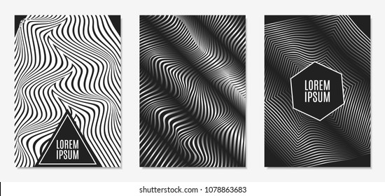 Set of Abstract Geometric Backgrounds. Cover Design Templates Set with 3d Effect. Monochrome Abstract Backgrounds with Distortion of Geometric Shapes. Trendy Covers with Text and Gradient for Magazine