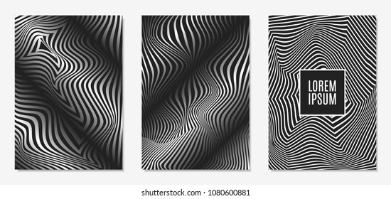 Set of Abstract Geometric Backgrounds. Cover Design Templates Set with 3d Effect. Monochrome Abstract Backgrounds with Distortion of Geometric Shapes. Trendy Covers with Text and Gradient for Magazine