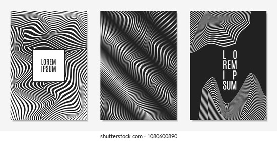 Set of Abstract Geometric Backgrounds. Cover Design Templates Set with 3d Effect. Monochrome Abstract Backgrounds with Distortion of Geometric Shapes. Trendy Covers with Text and Gradient for Magazine