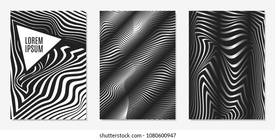 Set of Abstract Geometric Backgrounds. Cover Design Templates Set with 3d Effect. Monochrome Abstract Backgrounds with Distortion of Geometric Shapes. Trendy Covers with Text and Gradient for Magazine