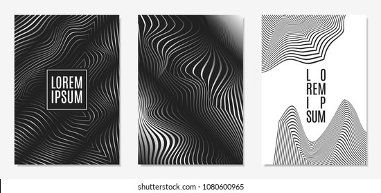 Set of Abstract Geometric Backgrounds. Cover Design Templates Set with 3d Effect. Monochrome Abstract Backgrounds with Distortion of Geometric Shapes. Trendy Covers with Text and Gradient for Magazine