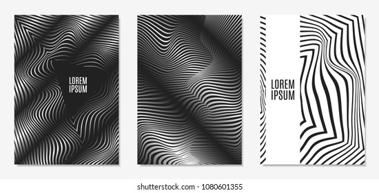 Set of Abstract Geometric Backgrounds. Cover Design Templates Set with 3d Effect. Monochrome Abstract Backgrounds with Distortion of Geometric Shapes. Trendy Covers with Text and Gradient for Magazine