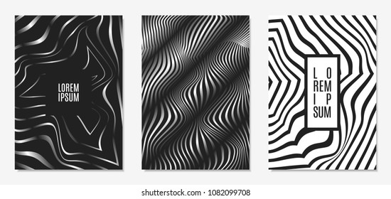 Set of Abstract Geometric Backgrounds. Cover Design Templates Set with 3d Effect. Monochrome Abstract Backgrounds with Distortion of Geometric Shapes. Trendy Covers with Text and Gradient for Magazine