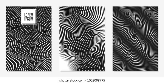 Set of Abstract Geometric Backgrounds. Cover Design Templates Set with 3d Effect. Monochrome Abstract Backgrounds with Distortion of Geometric Shapes. Trendy Covers with Text and Gradient for Magazine