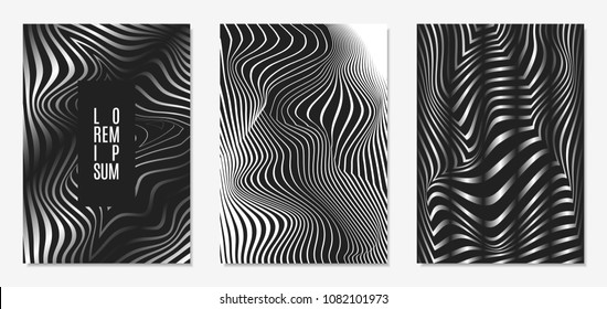 Set of Abstract Geometric Backgrounds. Cover Design Templates Set with 3d Effect. Monochrome Abstract Backgrounds with Distortion of Geometric Shapes. Trendy Covers with Text and Gradient for Magazine