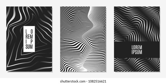 Set of Abstract Geometric Backgrounds. Cover Design Templates Set with 3d Effect. Monochrome Abstract Backgrounds with Distortion of Geometric Shapes. Trendy Covers with Text and Gradient for Magazine