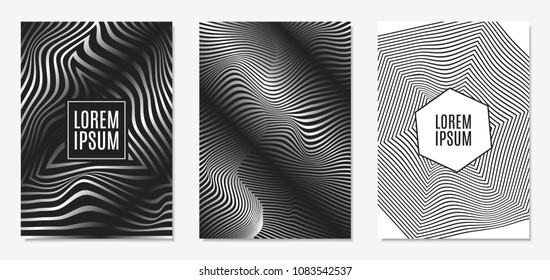 Set of Abstract Geometric Backgrounds. Cover Design Templates Set with 3d Effect. Monochrome Abstract Backgrounds with Distortion of Geometric Shapes. Trendy Covers with Text and Gradient for Magazine