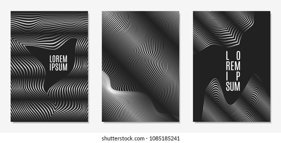 Set of Abstract Geometric Backgrounds. Cover Design Templates Set with 3d Effect. Monochrome Abstract Backgrounds with Distortion of Geometric Shapes. Trendy Covers with Text and Gradient for Magazine