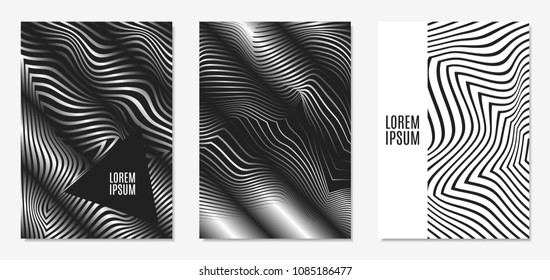 Set of Abstract Geometric Backgrounds. Cover Design Templates Set with 3d Effect. Monochrome Abstract Backgrounds with Distortion of Geometric Shapes. Trendy Covers with Text and Gradient for Magazine