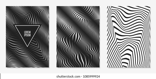 Set of Abstract Geometric Backgrounds. Cover Design Templates Set with 3d Effect. Monochrome Abstract Backgrounds with Distortion of Geometric Shapes. Trendy Covers with Text and Gradient for Magazine