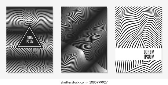Set of Abstract Geometric Backgrounds. Cover Design Templates Set with 3d Effect. Monochrome Abstract Backgrounds with Distortion of Geometric Shapes. Trendy Covers with Text and Gradient for Magazine