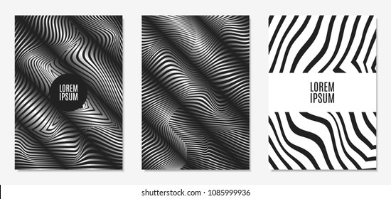 Set of Abstract Geometric Backgrounds. Cover Design Templates Set with 3d Effect. Monochrome Abstract Backgrounds with Distortion of Geometric Shapes. Trendy Covers with Text and Gradient for Magazine