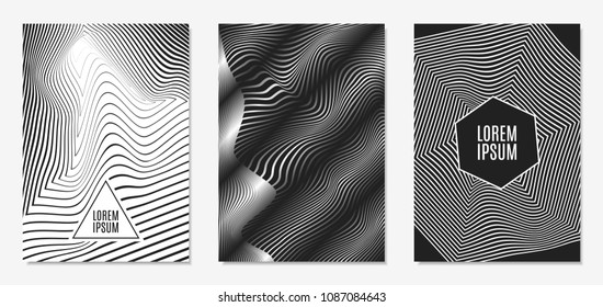 Set of Abstract Geometric Backgrounds. Cover Design Templates Set with 3d Effect. Monochrome Abstract Backgrounds with Distortion of Geometric Shapes. Trendy Covers with Text and Gradient for Magazine