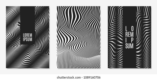 Set of Abstract Geometric Backgrounds. Cover Design Templates Set with 3d Effect. Monochrome Abstract Backgrounds with Distortion of Geometric Shapes. Trendy Covers with Text and Gradient for Magazine