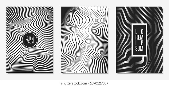 Set of Abstract Geometric Backgrounds. Cover Design Templates Set with 3d Effect. Monochrome Abstract Backgrounds with Distortion of Geometric Shapes. Trendy Covers with Text and Gradient for Magazine