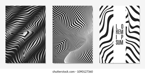 Set of Abstract Geometric Backgrounds. Cover Design Templates Set with 3d Effect. Monochrome Abstract Backgrounds with Distortion of Geometric Shapes. Trendy Covers with Text and Gradient for Magazine