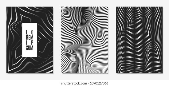 Set of Abstract Geometric Backgrounds. Cover Design Templates Set with 3d Effect. Monochrome Abstract Backgrounds with Distortion of Geometric Shapes. Trendy Covers with Text and Gradient for Magazine