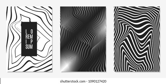 Set of Abstract Geometric Backgrounds. Cover Design Templates Set with 3d Effect. Monochrome Abstract Backgrounds with Distortion of Geometric Shapes. Trendy Covers with Text and Gradient for Magazine