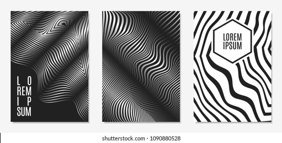 Set of Abstract Geometric Backgrounds. Cover Design Templates Set with 3d Effect. Monochrome Abstract Backgrounds with Distortion of Geometric Shapes. Trendy Covers with Text and Gradient for Magazine