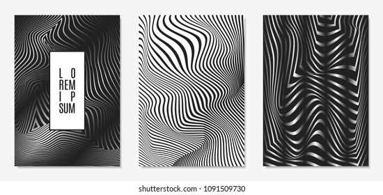 Set of Abstract Geometric Backgrounds. Cover Design Templates Set with 3d Effect. Monochrome Abstract Backgrounds with Distortion of Geometric Shapes. Trendy Covers with Text and Gradient for Magazine