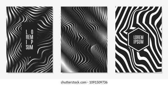 Set of Abstract Geometric Backgrounds. Cover Design Templates Set with 3d Effect. Monochrome Abstract Backgrounds with Distortion of Geometric Shapes. Trendy Covers with Text and Gradient for Magazine