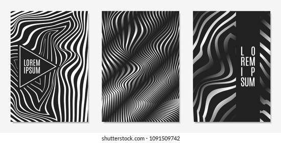 Set of Abstract Geometric Backgrounds. Cover Design Templates Set with 3d Effect. Monochrome Abstract Backgrounds with Distortion of Geometric Shapes. Trendy Covers with Text and Gradient for Magazine