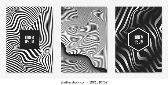 Set of Abstract Geometric Backgrounds. Cover Design Templates Set with 3d Effect. Monochrome Abstract Backgrounds with Distortion of Geometric Shapes. Trendy Covers with Text and Gradient for Magazine