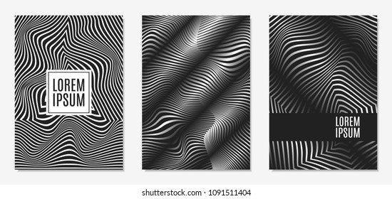 Set of Abstract Geometric Backgrounds. Cover Design Templates Set with 3d Effect. Monochrome Abstract Backgrounds with Distortion of Geometric Shapes. Trendy Covers with Text and Gradient for Magazine