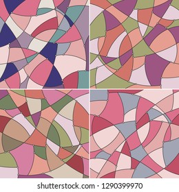 Set of Abstract Geometric Backgrounds of the Curves, Stained Glass Pattern in Shades of Pink and Gray, Abstract Data Type, Vector Illustration