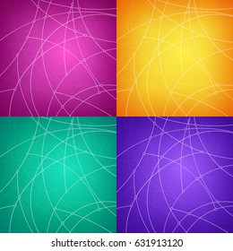 Set of Abstract Geometric Backgrounds of the Curves, Unfinished Lines, Nodes on Yellow Green and Purple Background, Vector Illustration