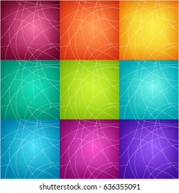 Set of Abstract Geometric Backgrounds of the Curves, Unfinished Lines and Nodes on Colorful Background, Vector Illustration 