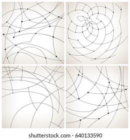 Set of Abstract Geometric Backgrounds of the Curves, Unfinished Lines and Nodes on a Light Background, Black and White Vector Illustration