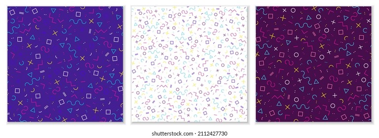 Set of abstract geometric backgrounds with different geometric shapes - squares, triangles, circles, lines, dots. Memphis style seamless patterns.