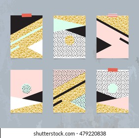 Set of abstract geometric backgrounds. Gold glitter confetti and soft pastels cards. Scandinavian, hipster style. 