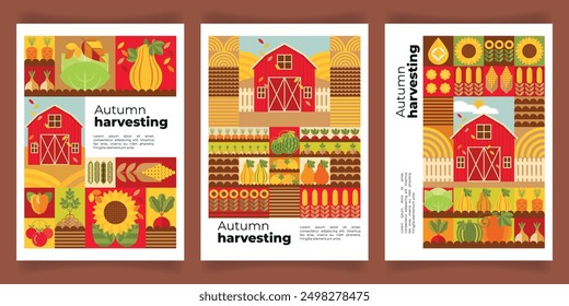Set of abstract geometric backgrounds with harvesting. Autumn vegetable harvest on the farm. Poster, flyer, cover