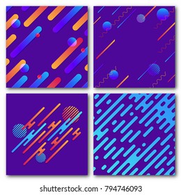 Set of abstract geometric backgrounds. Modern dynamic pattern. Rounded diagonal lines with circles and waves. Trendy background for poster, banner, cover. Vector