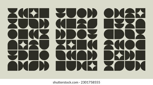 Set abstrakter geometrischer Hintergründe im trendigen Bauhaus-Stil. Vektorgrafik. Design für die Dekoration mit Elementen: Kreise, Quadrate, Sterne.