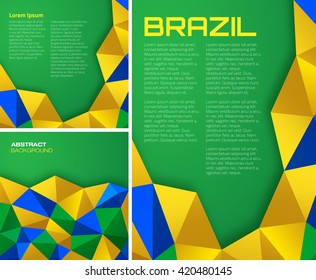 Set of  Abstract geometric backgrounds using Brazil flag colors, vector a4 format. Abstract vector template A4 size design with  Brazil 2016 colored geometric shapes.  Brazil square Banners 2016 