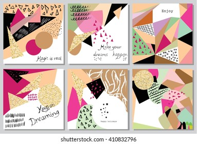  Set of abstract geometric backgrounds with vintage texture and gold geometric elements Poster, card, textile, wallpaper template. Gold, pink, black and white colors. Hand written text