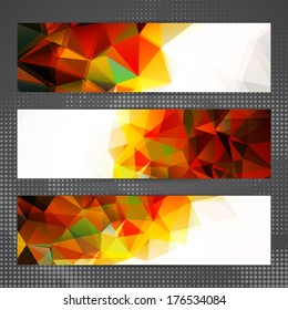 Set of abstract geometric banner or card backgrounds with bright red, yellow, green and black semi-transparent triangles on light background