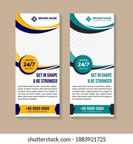 set of abstract geometric banner template design with headline is get in shape and be stronger. vertical layout with blue, yellow and grey on element. white background with space for photo collage.