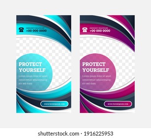 Set of abstract geometric banner template for healthcare concept. Vertical layout combined with curve shape use blue and pink gradient as element. Dark background with space for photo collage. 