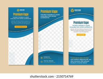 Set of abstract geometric banner template for premium vape promotion. Vertical layout combined with curve shape use blue and yellow as element and background with space for photo collage.