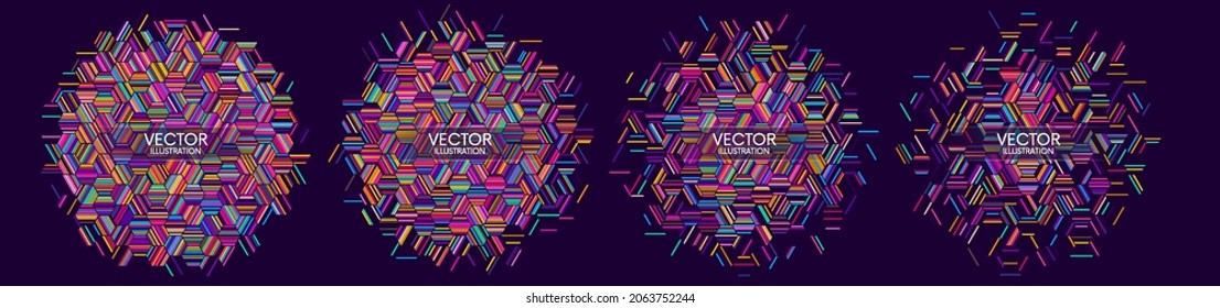 Conjunto de banderas geométricas abstractas con un patrón de líneas hexagonales coloridas. Elementos gráficos abstractos modernos. Ilustración del vector