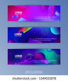 Set of abstract geometric banners. Liquid shapes background elements. Templates for banner, brochure, book cover, booklet, applications or web  design. Editable mask. Vector illustration.