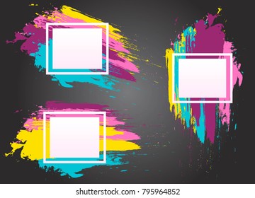 Set of abstract, geometric banners with paint brush colored elements isolated on background. 