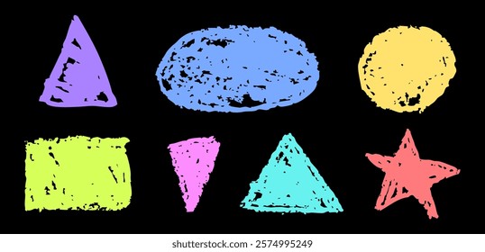 Set of abstract geometric basic shapes drawn with pastel colored charcoal. Hand drawn paint quote frame collection. Empty colorful speech bubble set. Scribble square shape text boxes. Vector