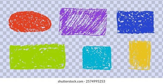 Set of abstract geometric basic shapes drawn with colored charcoal. Hand drawn paint quote frame collection. Empty colorful speech bubble set. Scribble square shape text boxes. Vector illustration.