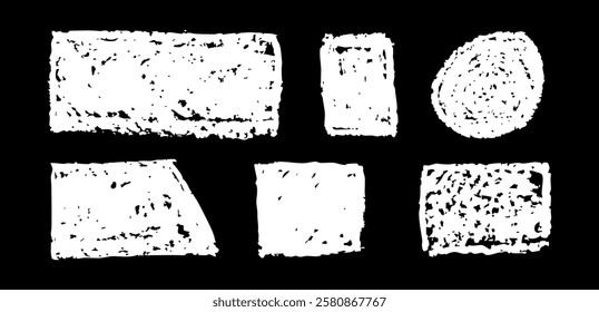 Set of abstract geometric basic shapes drawn with pastel white color or charcoal. Hand drawn paint quote frame collection. Empty monochrome speech bubble set. Scribble square shape text boxes. Vector.